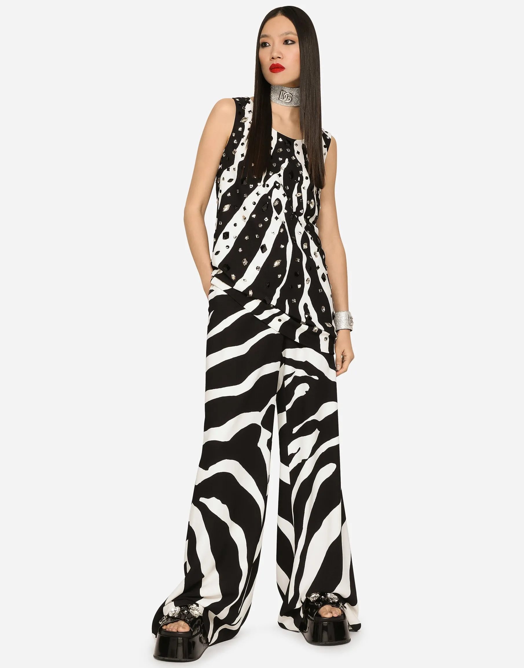 Flared zebra-print cady pants