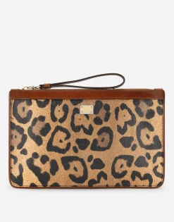 Flat toiletry bag in leopard-print Crespo with branded plate