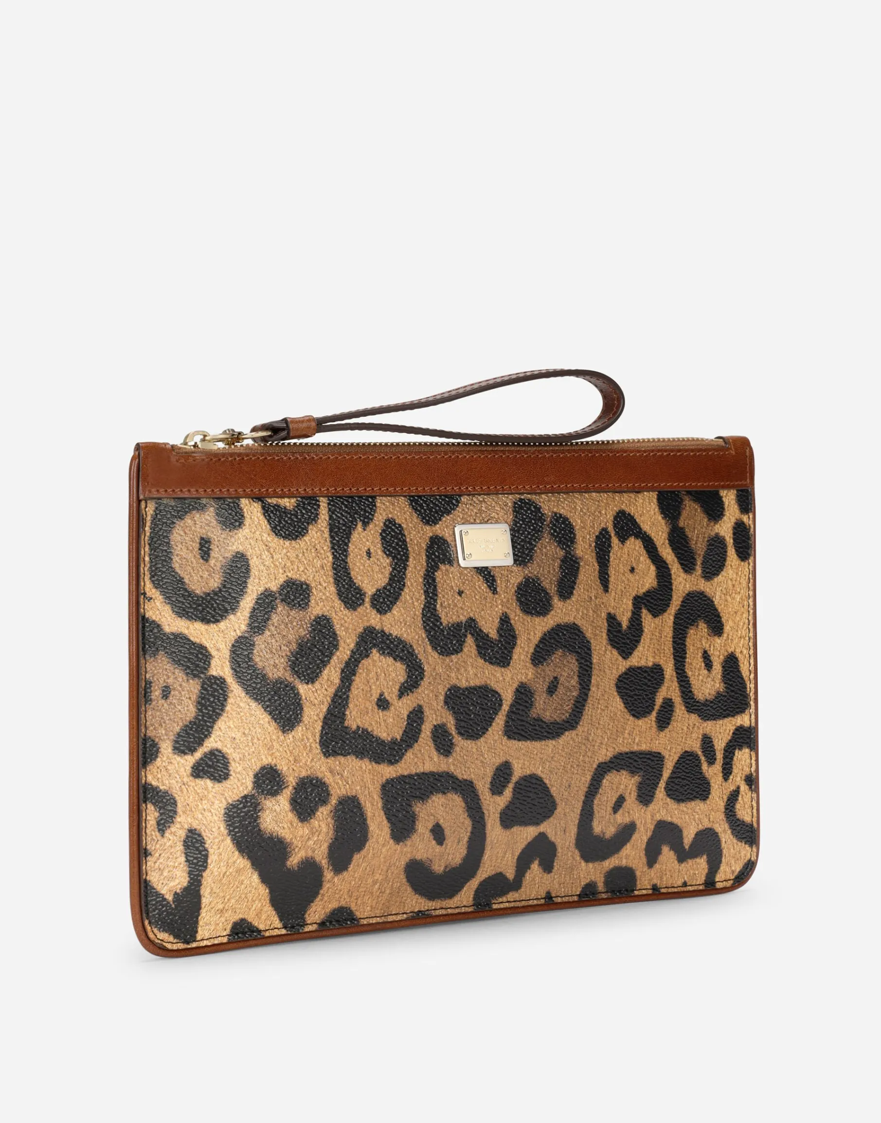 Flat toiletry bag in leopard-print Crespo with branded plate