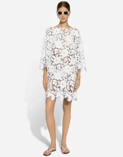 Floaty short cotton dress with floral openwork embroidery