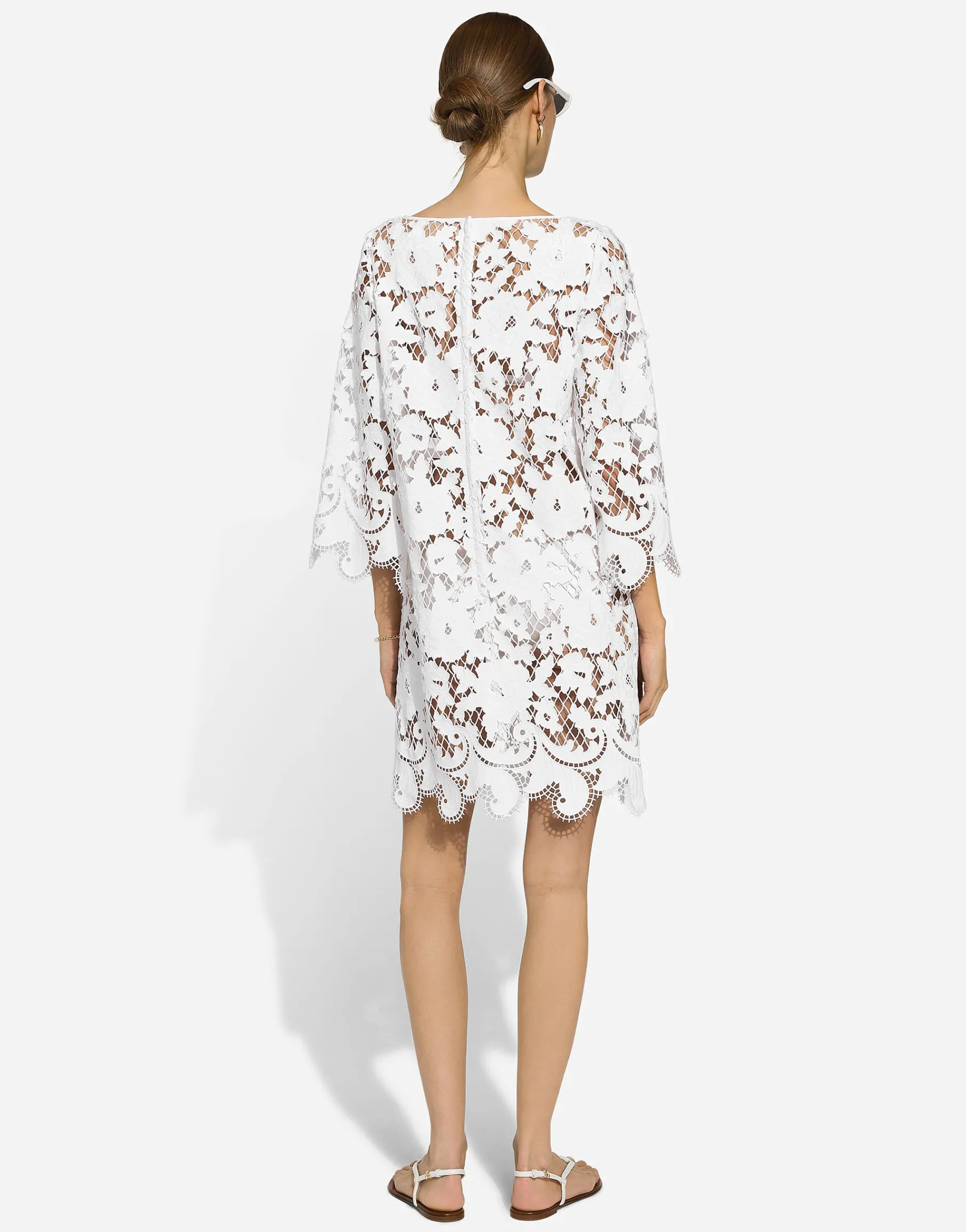 Floaty short cotton dress with floral openwork embroidery