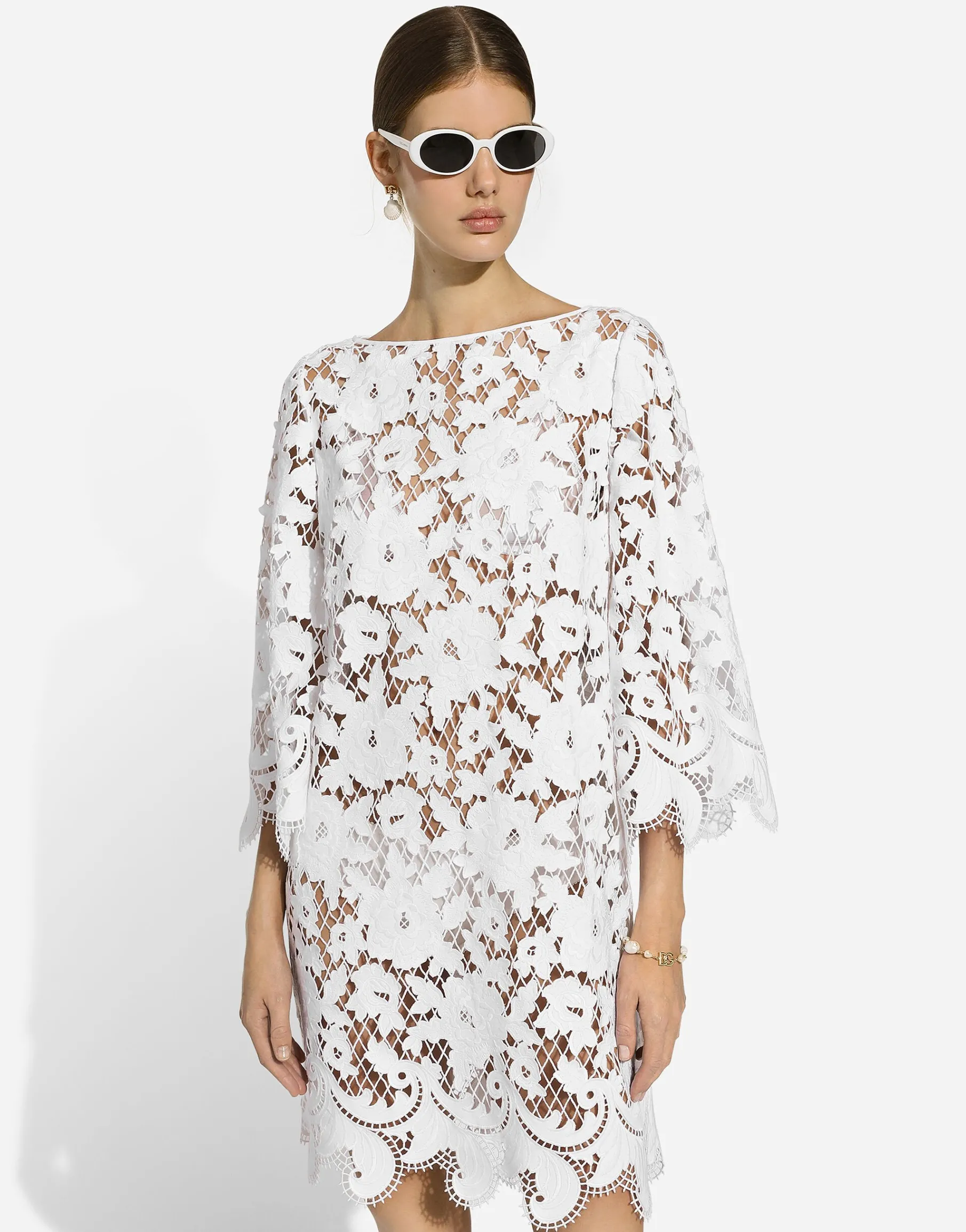 Floaty short cotton dress with floral openwork embroidery