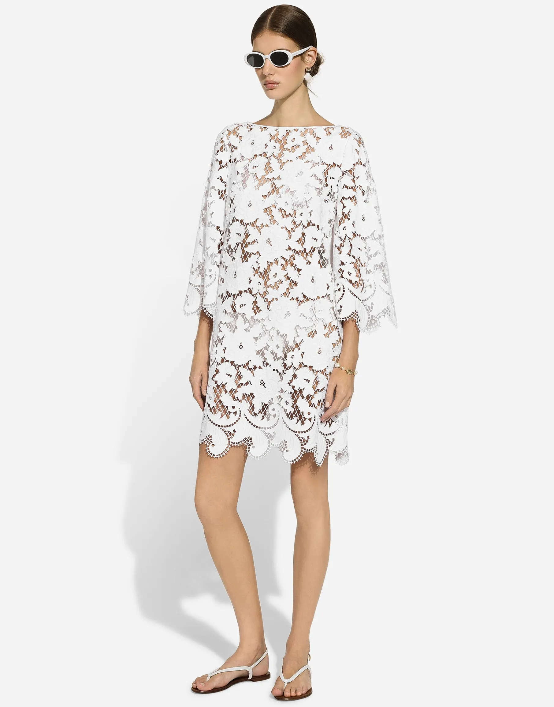 Floaty short cotton dress with floral openwork embroidery
