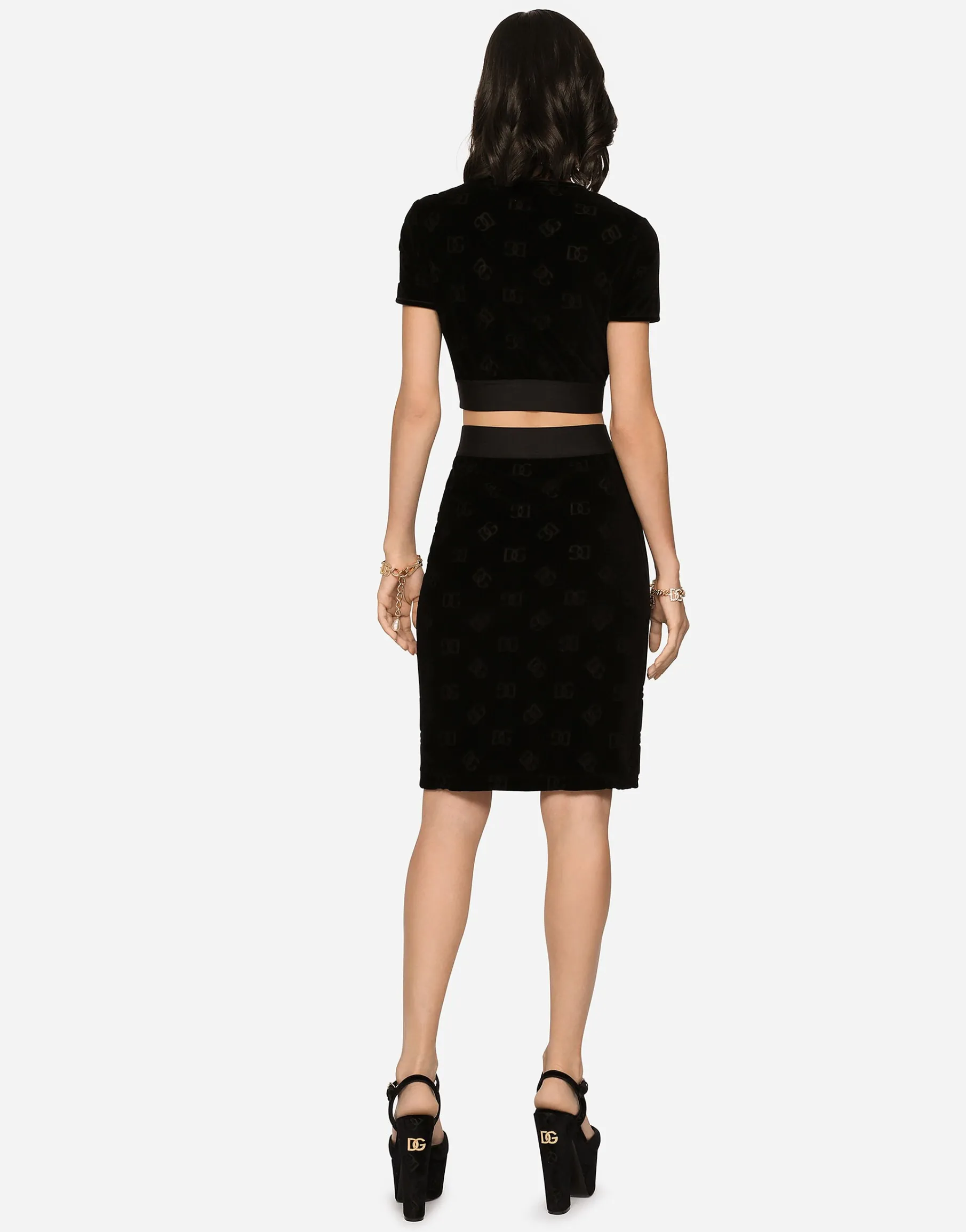 Flocked jersey midi skirt with all-over DG logo