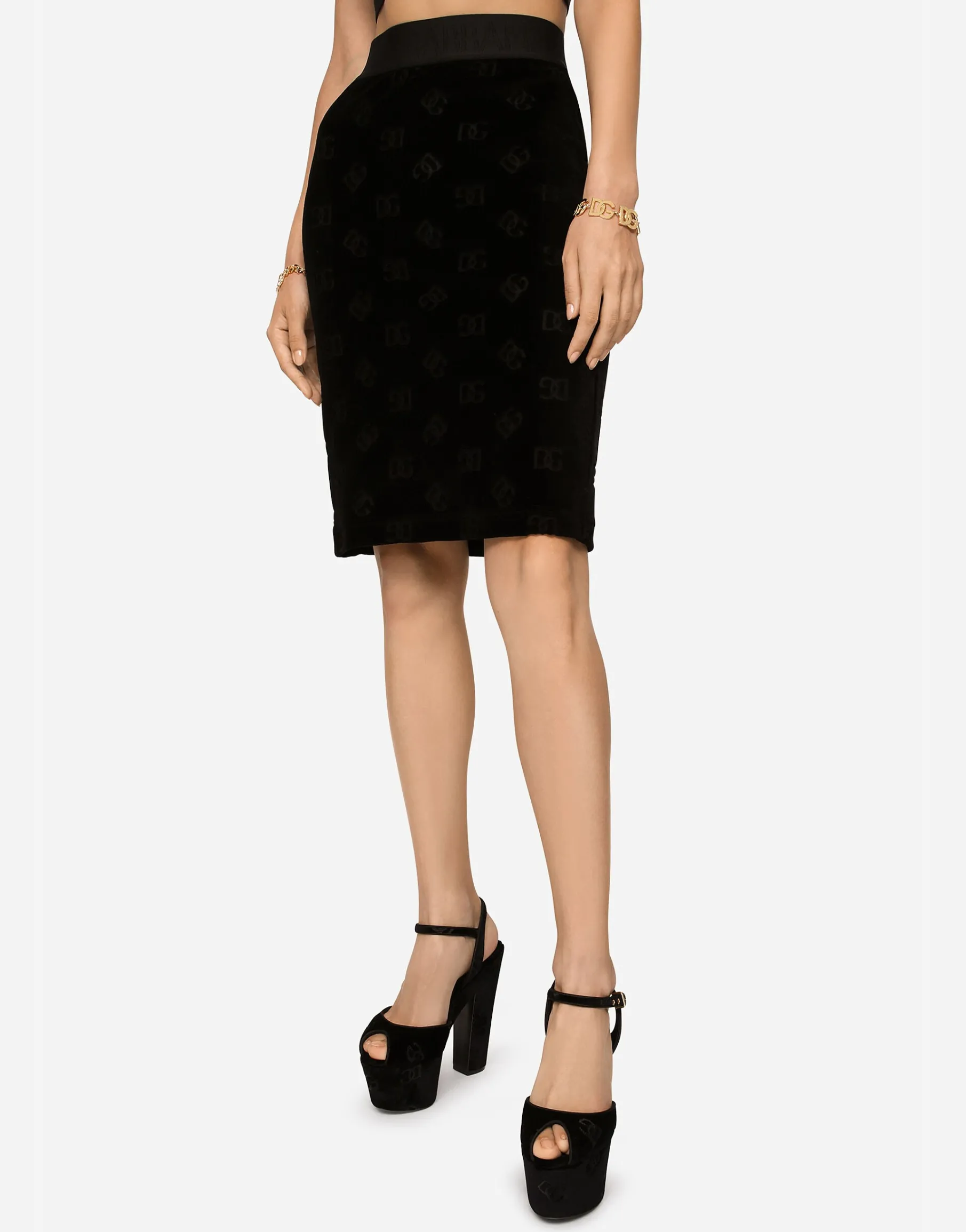 Flocked jersey midi skirt with all-over DG logo