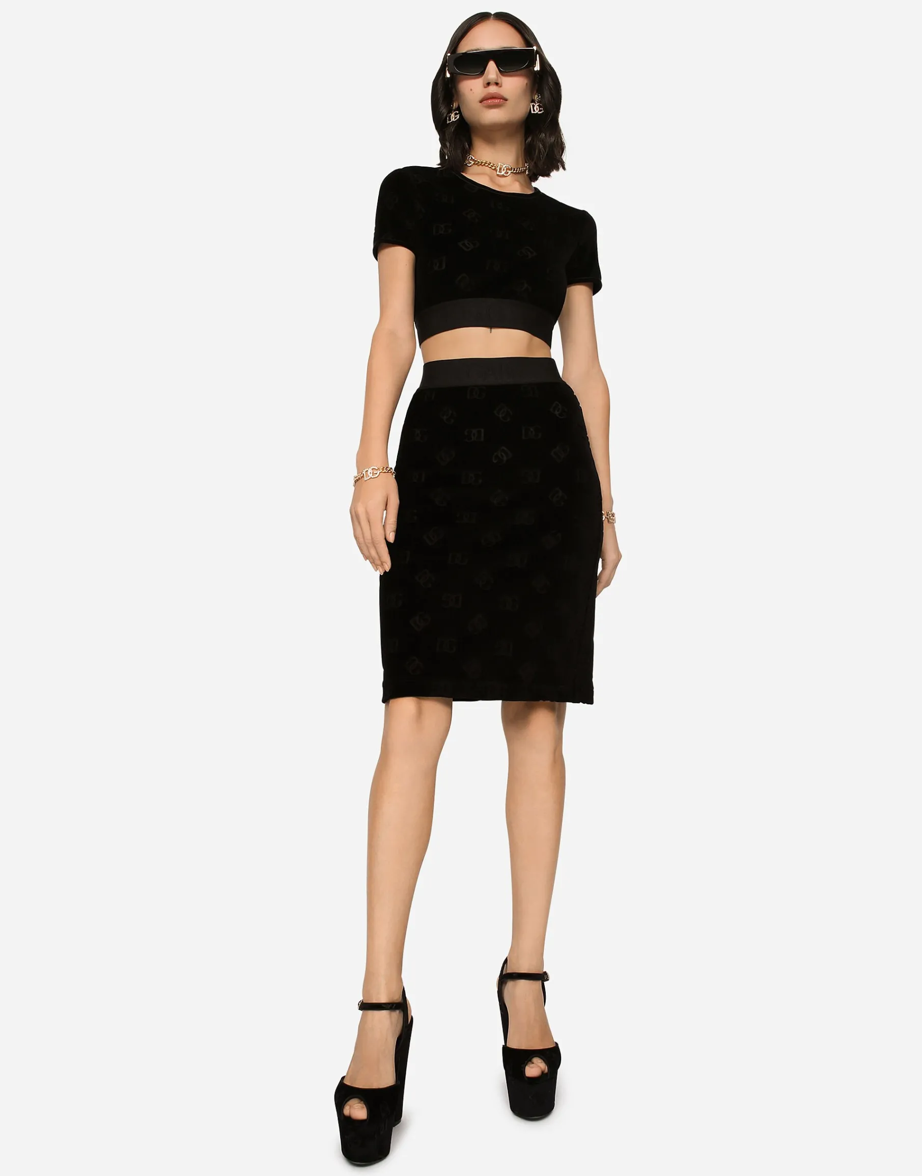 Flocked jersey midi skirt with all-over DG logo