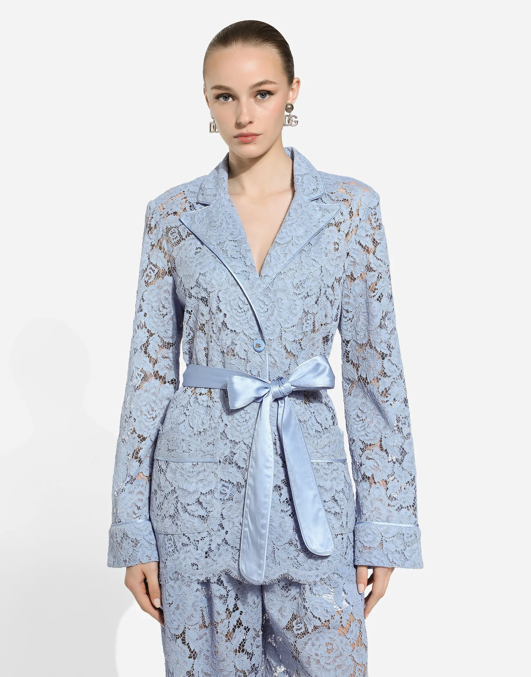 Floral cordonetto lace pajama shirt with DG logo