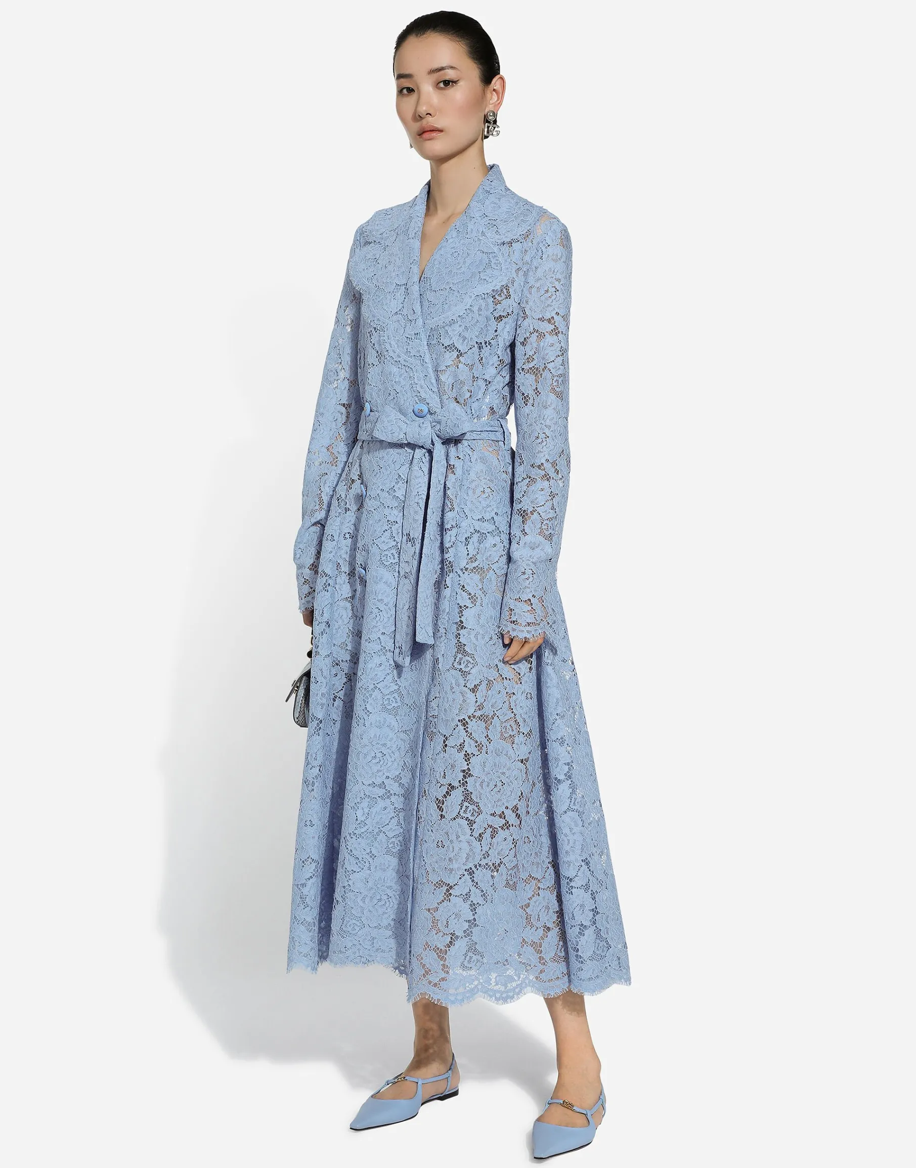 Floral cordonetto lace trench coat with DG logo