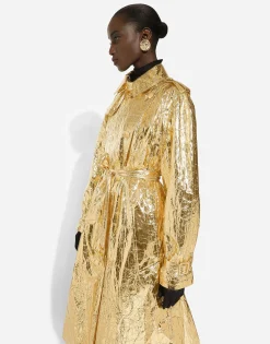 Foiled fabric trench coat