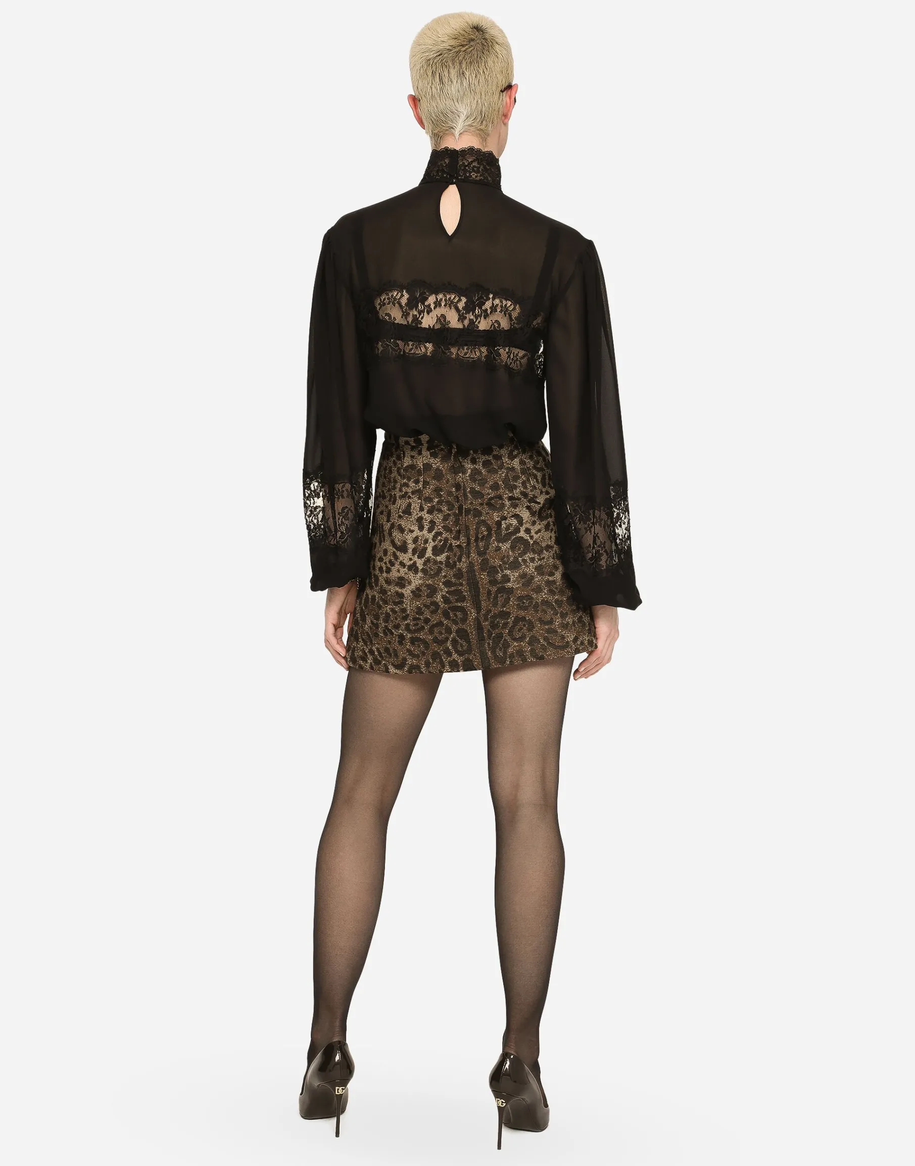 Georgette and lace turtle-neck blouse