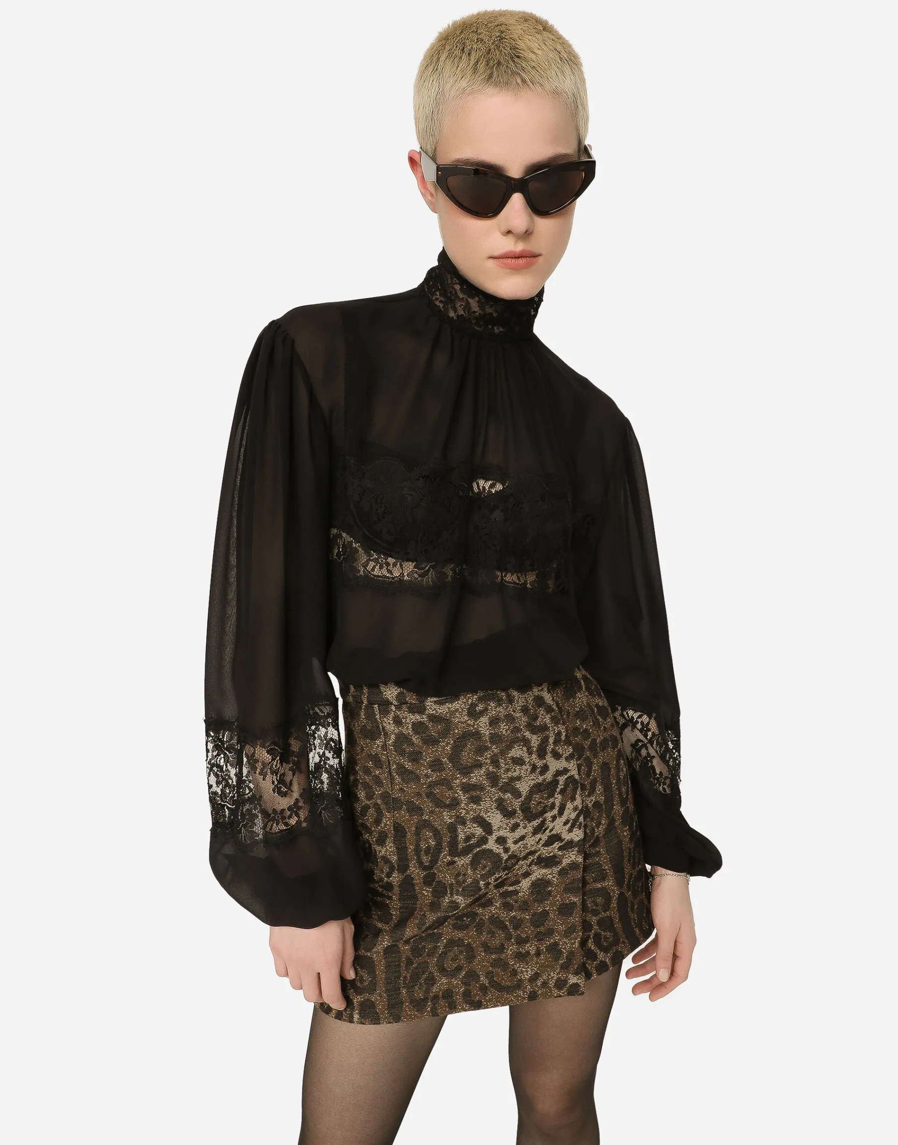 Georgette and lace turtle-neck blouse