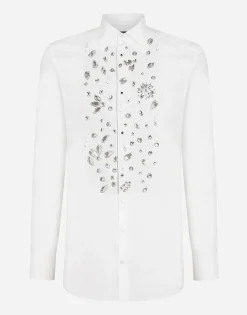 Gold-fit tuxedo shirt with rhinestone embroidery
