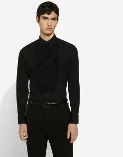 Gold-fit tuxedo shirt with rhinestone embroidery