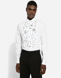 Gold-fit tuxedo shirt with rhinestone embroidery
