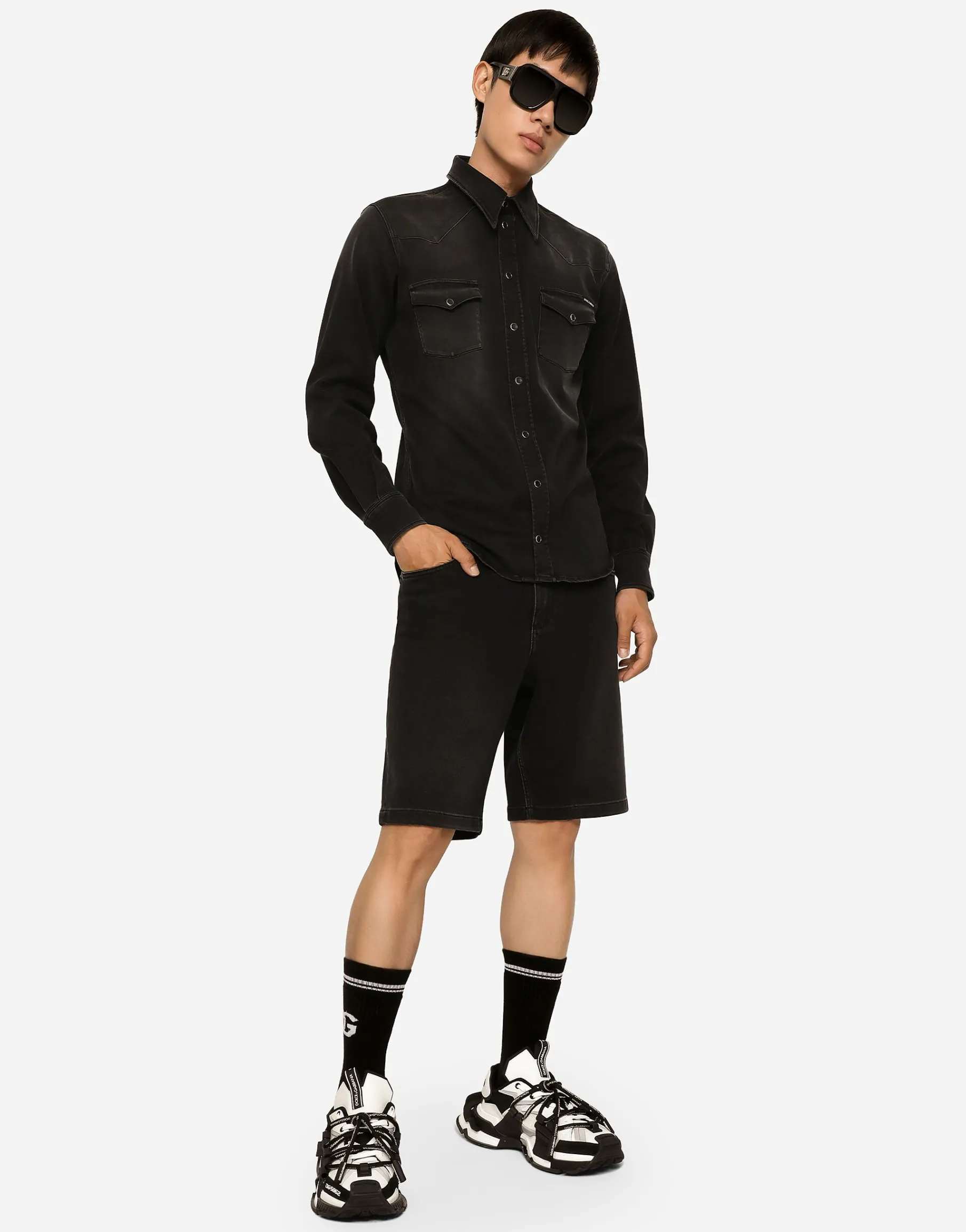 Gray wash stretch denim shorts