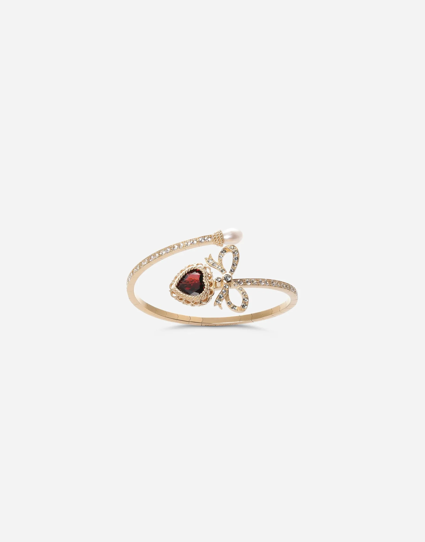 Heart yellow gold bracelet with heart, bow and pearl