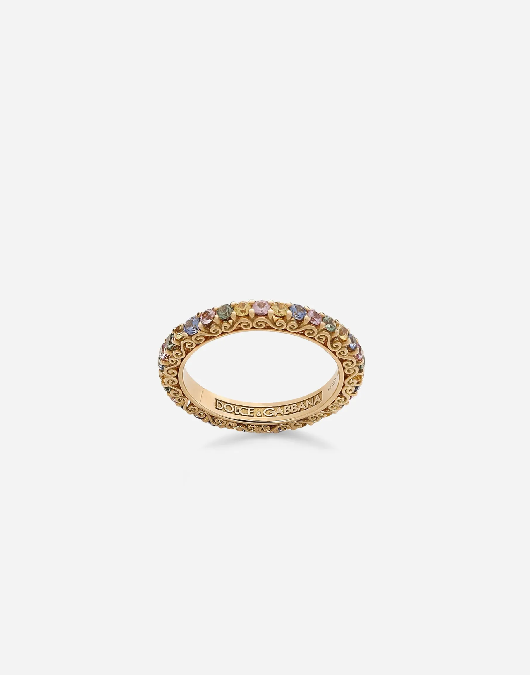 Heritage band ring in yellow 18kt gold with multicoloured sapphires