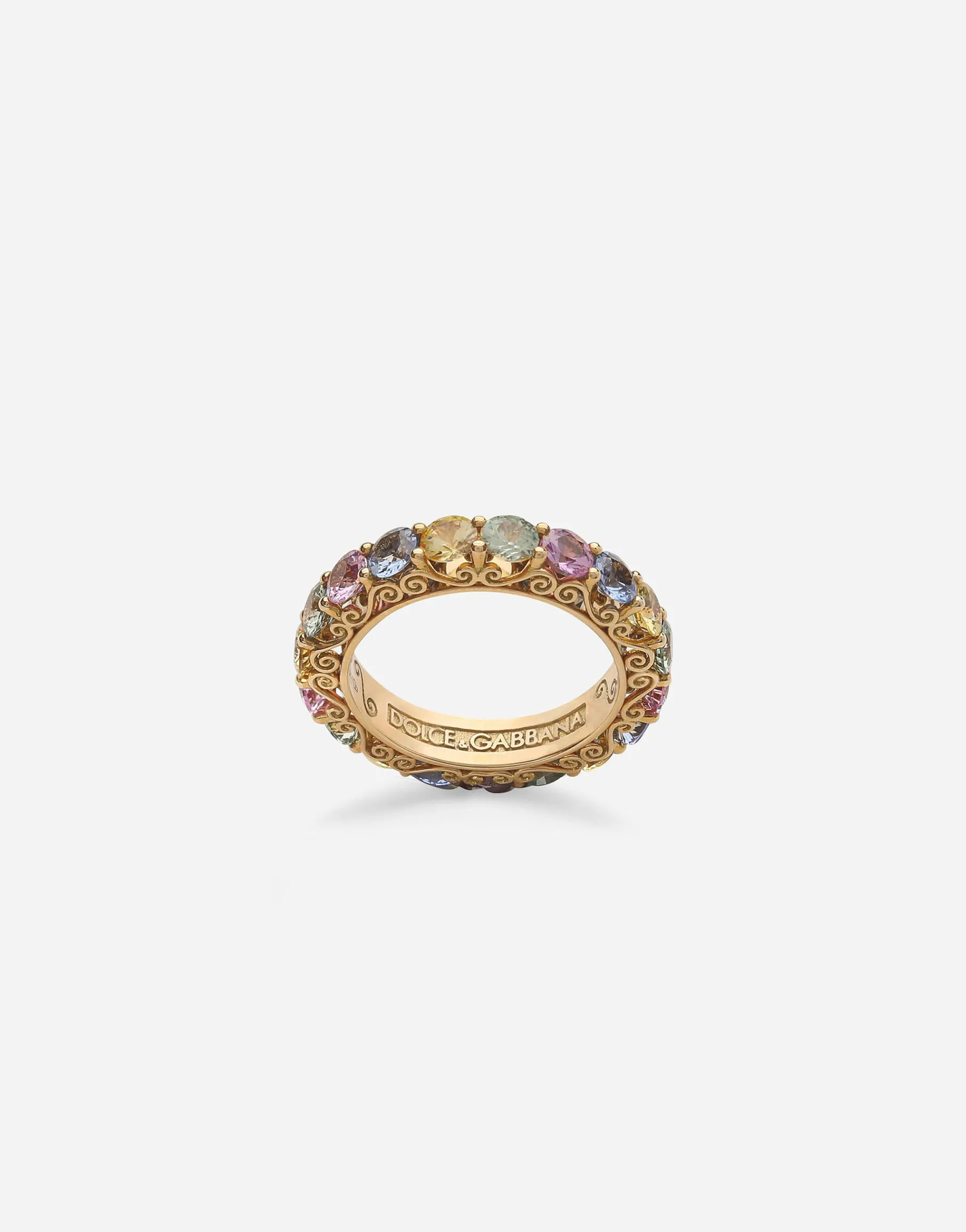Heritage band ring in yellow 18kt gold with multicoloured sapphires