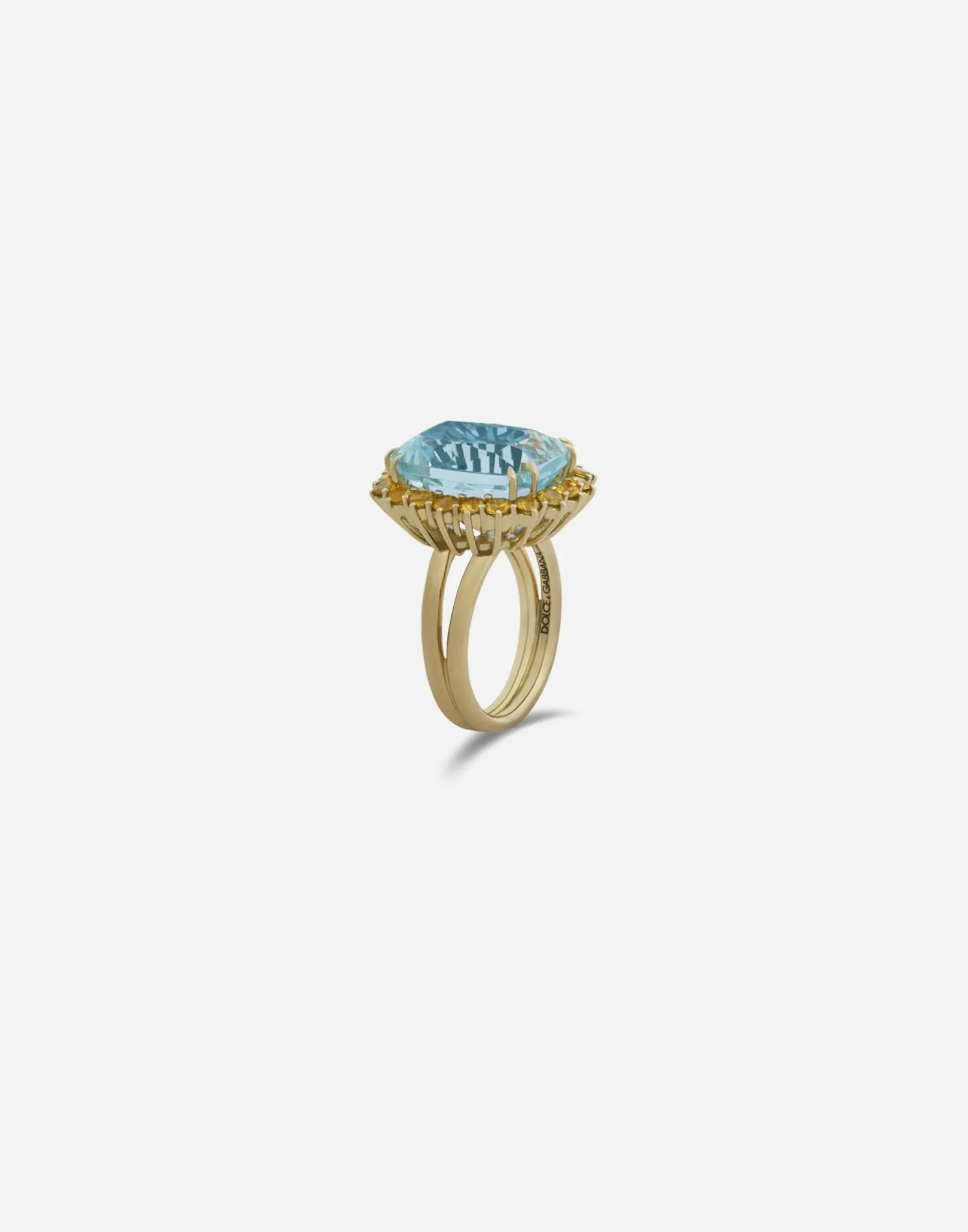 Heritage ring in yellow gold, aquamarine and yello sapphires