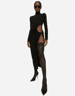 High-necked jersey calf-length dress with cut-out