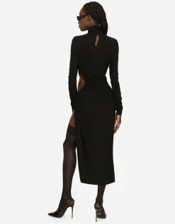 High-necked jersey calf-length dress with cut-out