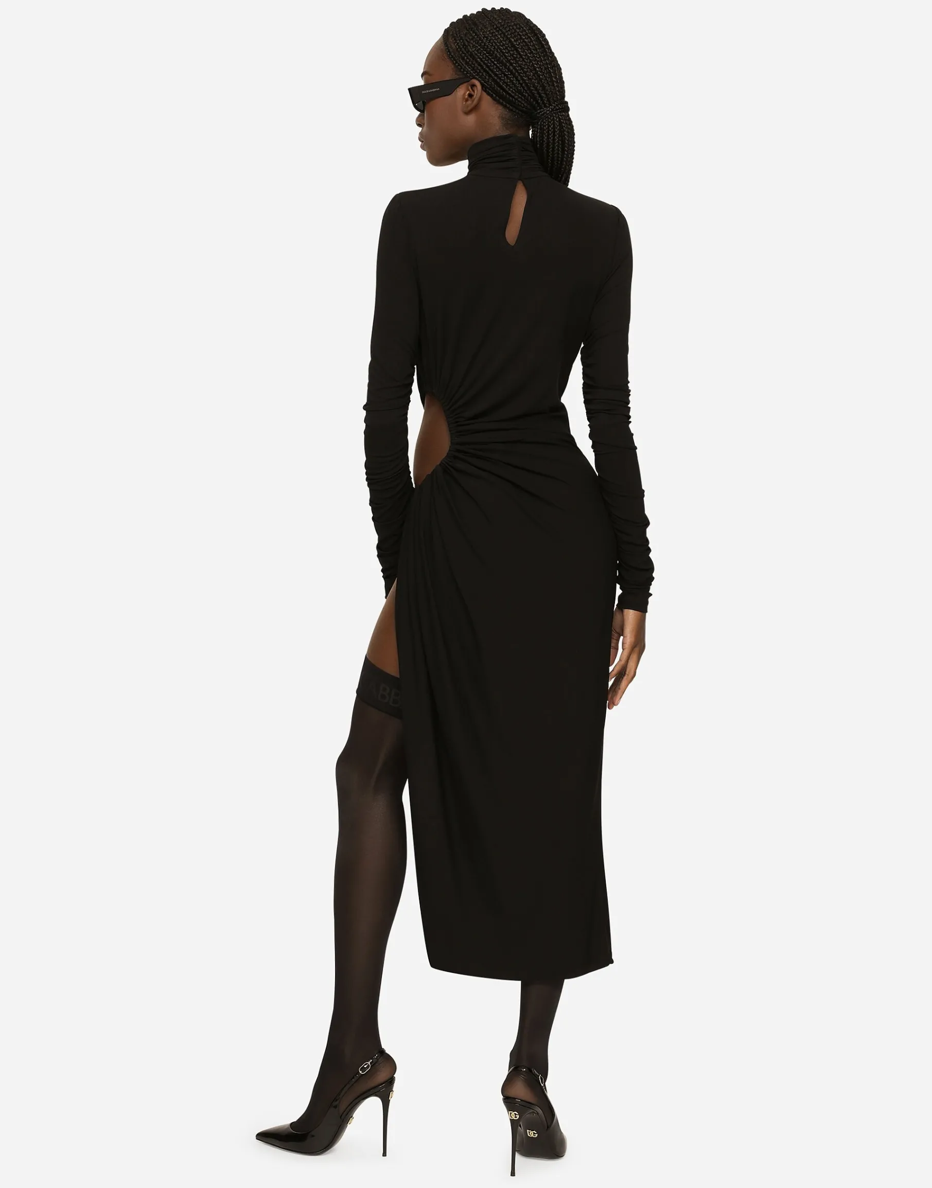 High-necked jersey calf-length dress with cut-out