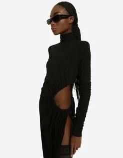 High-necked jersey calf-length dress with cut-out