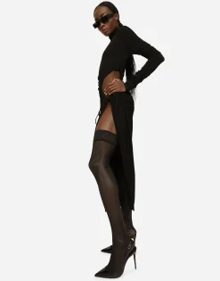 High-necked jersey calf-length dress with cut-out