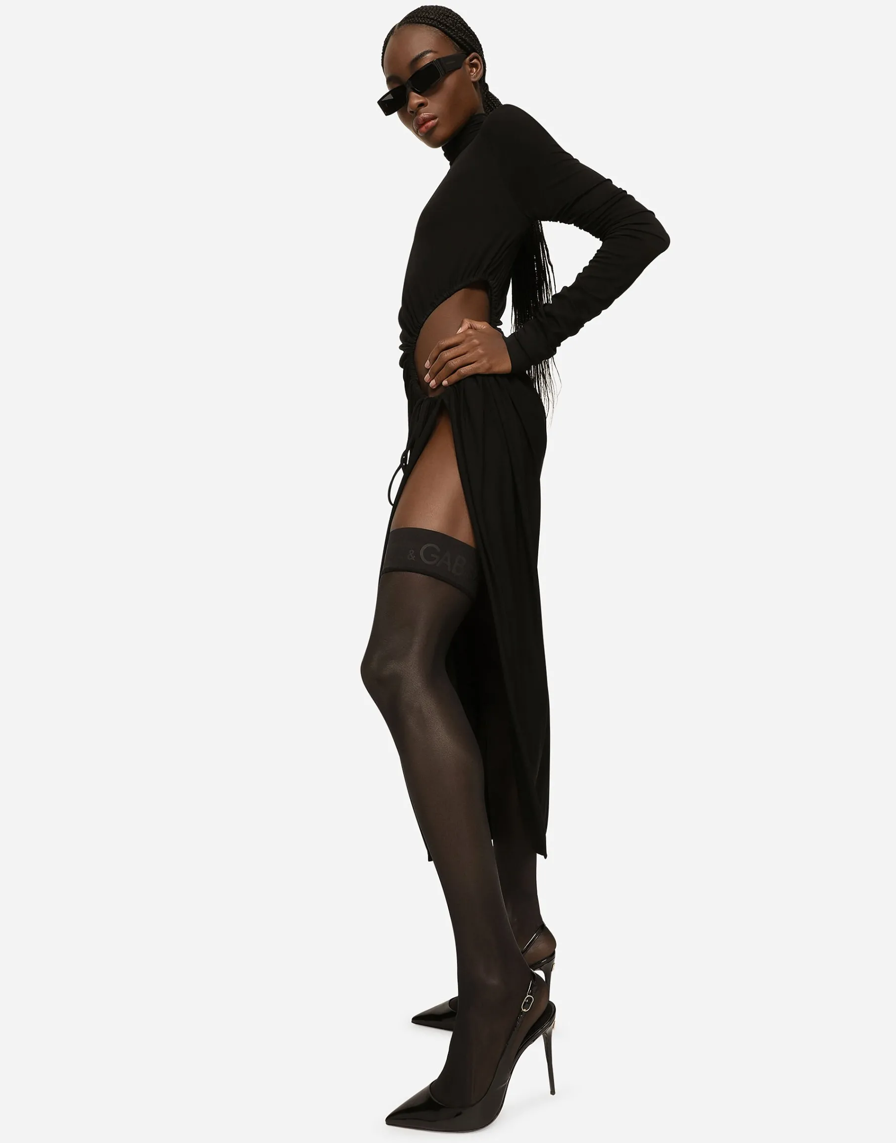 High-necked jersey calf-length dress with cut-out