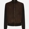 High-necked leather and wool jacket