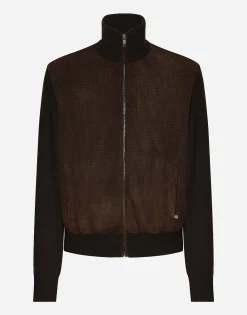 High-necked leather and wool jacket