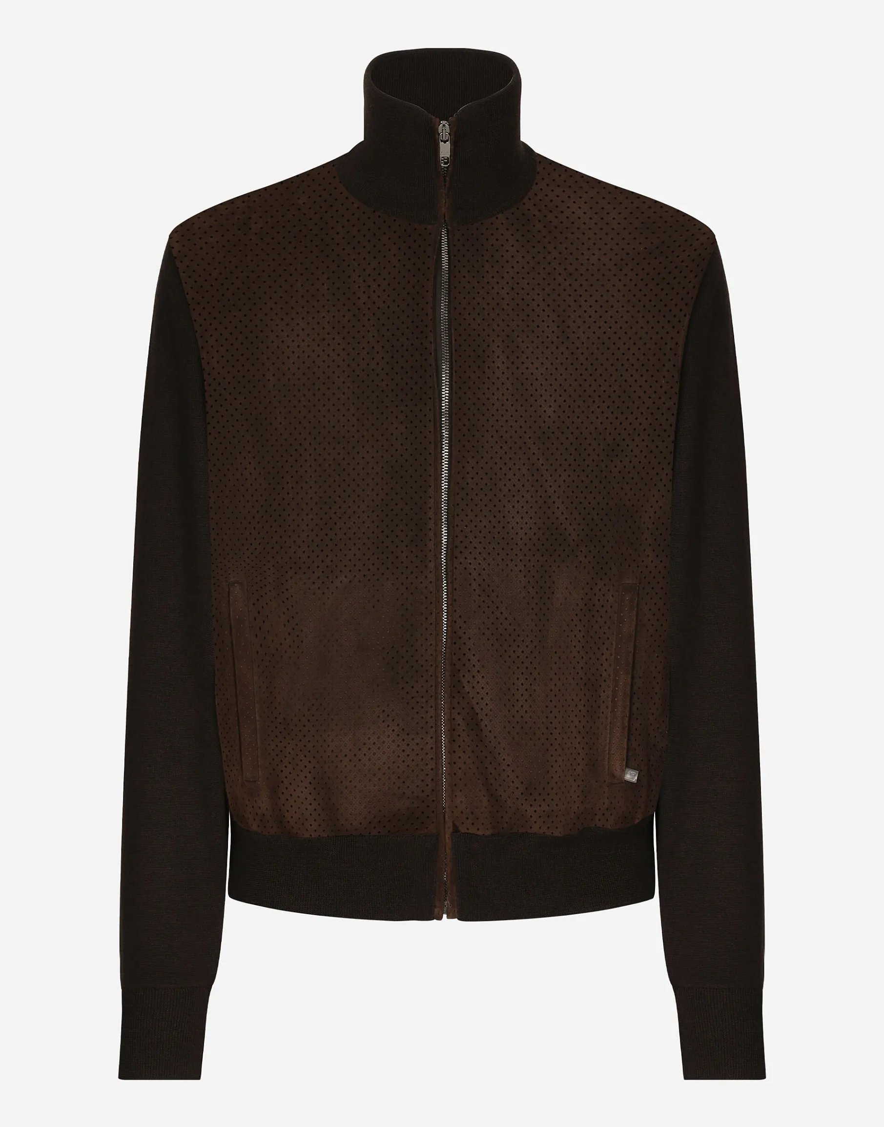 High-necked leather and wool jacket