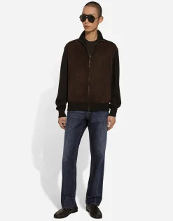 High-necked leather and wool jacket