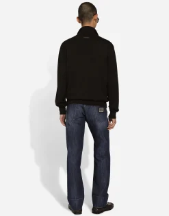 High-necked leather and wool jacket