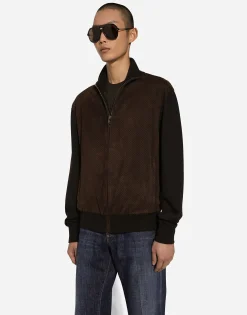 High-necked leather and wool jacket
