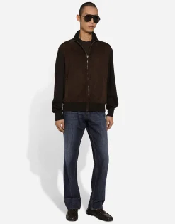 High-necked leather and wool jacket