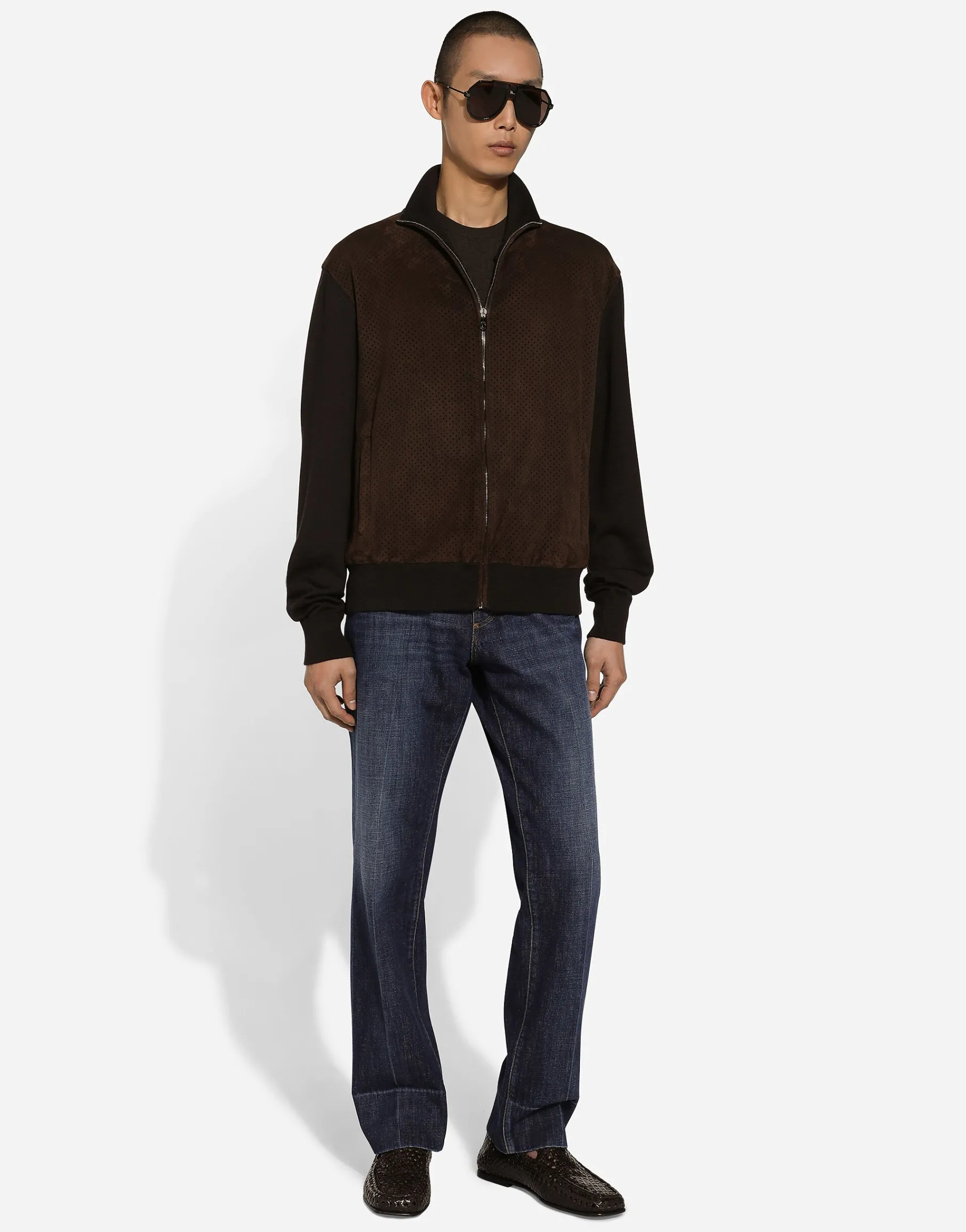 High-necked leather and wool jacket