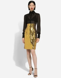 High-waisted sequined midi skirt