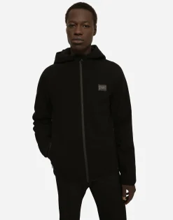 Hooded jersey jacket with branded tag