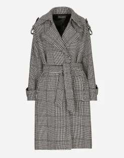 Houndstooth check wool trench coat