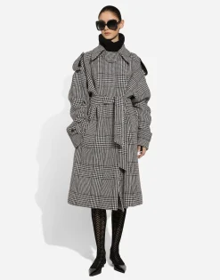 Houndstooth check wool trench coat