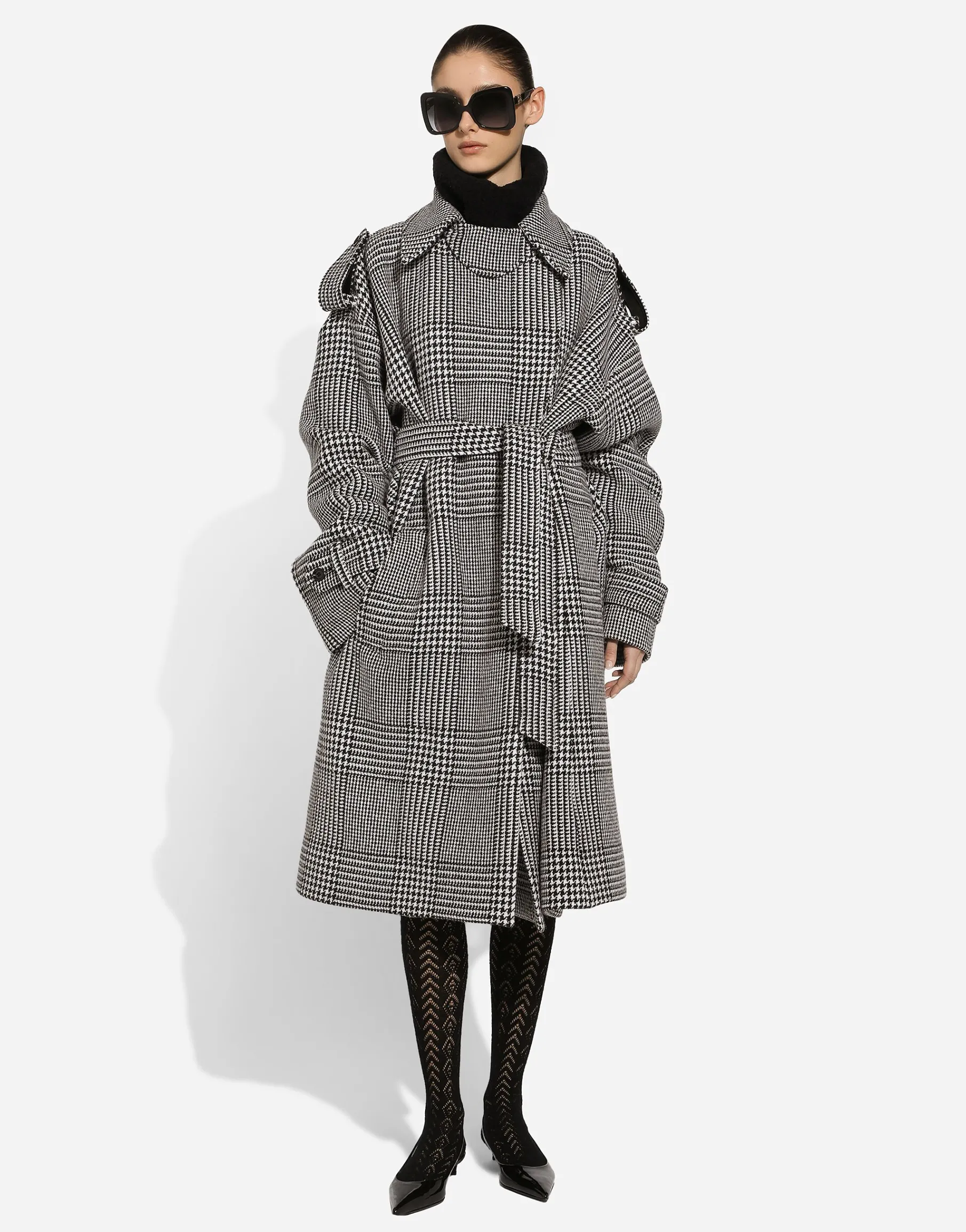 Houndstooth check wool trench coat