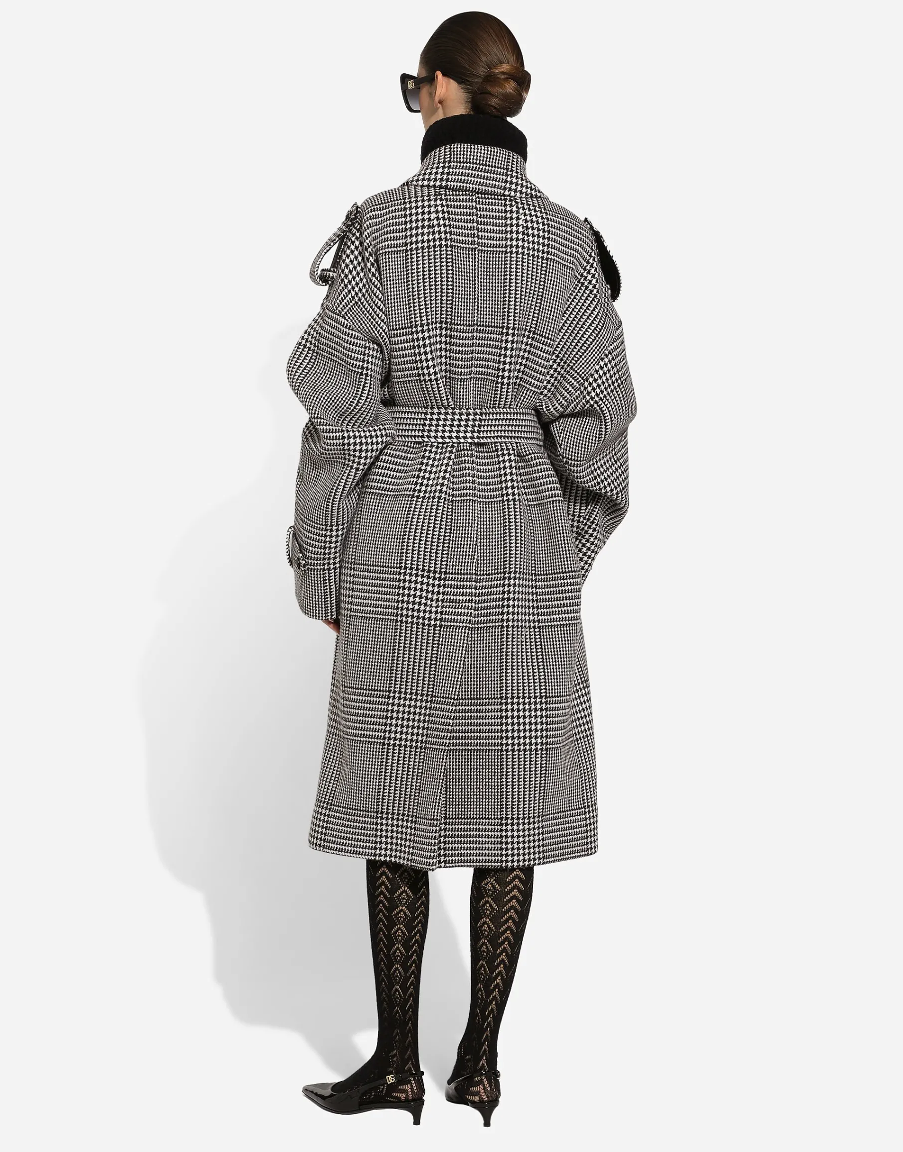 Houndstooth check wool trench coat