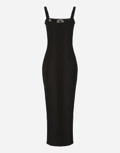 Jersey calf-length dress with lace inserts