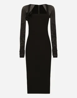 Jersey calf-length dress with tulle sleeves