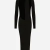 Jersey calf-length dress with cut-out and pussy-bow