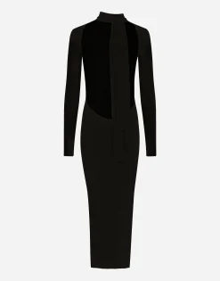 Jersey calf-length dress with cut-out and pussy-bow