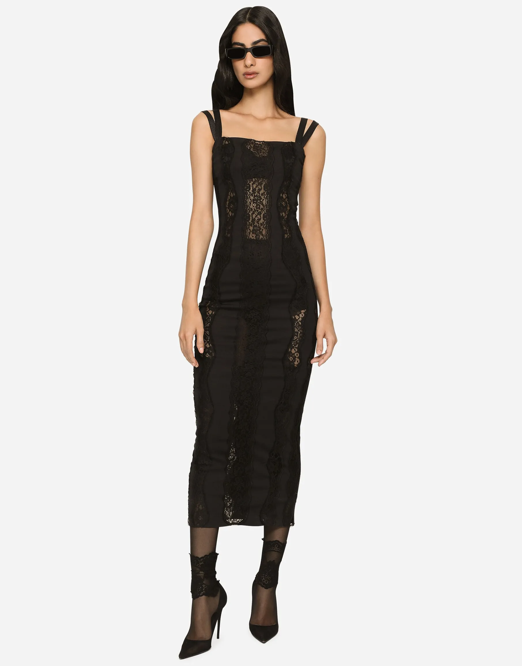 Jersey calf-length dress with lace inserts