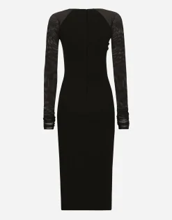 Jersey calf-length dress with tulle sleeves
