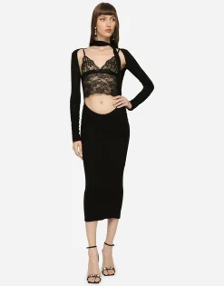 Jersey calf-length dress with cut-out and pussy-bow